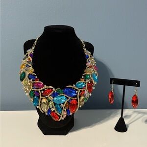 Colorful Gemstone Statement Bib Necklace and Earring Set